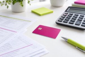 Home - Bookkeeper A pink credit card on a desk beside a calculator, a pen and paperwork